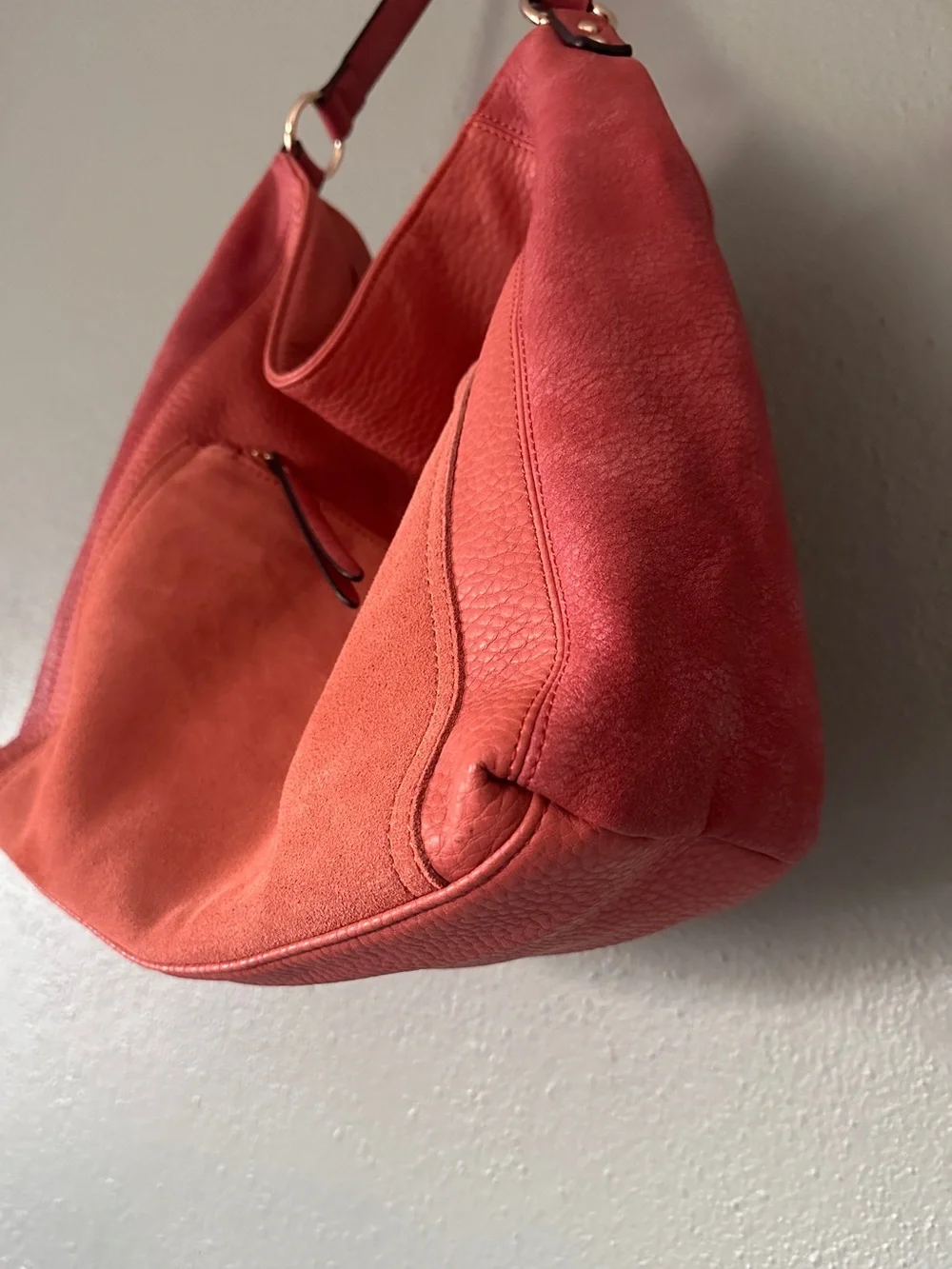 MODA LUXE Coral Red Pebbled Leather & Suede Slouchy Hobo Bag NWOT
